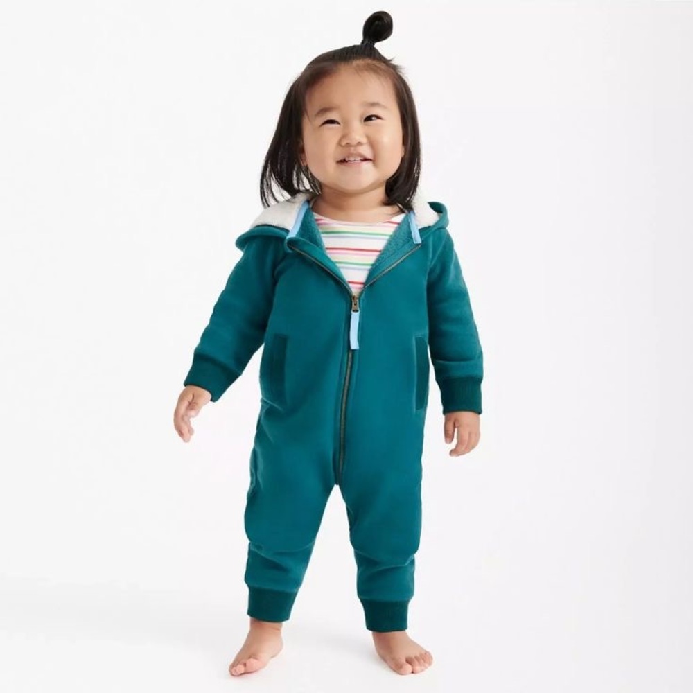 Primary Baby Fleece Lined Zip Romper in Spruce, EUC